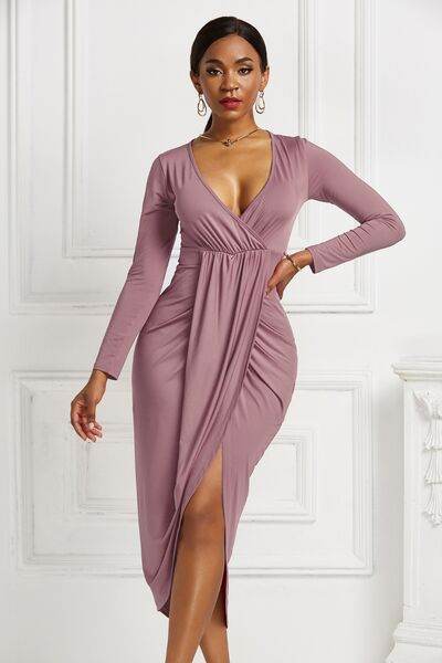 High-low Ruched Surplice Long Sleeve Dress - Hovatok