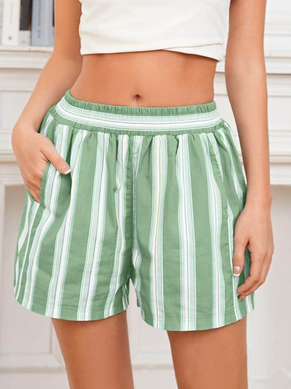 Striped Elastic Waist Shorts - Hovatok