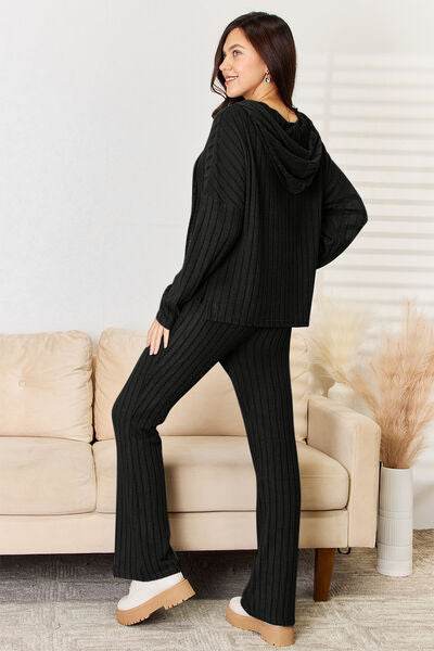 Basic Bae Full Size Ribbed Drawstring Hooded Top and Straight Pants Set - Hovatok