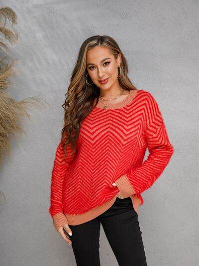 Angel Wings Striped Round Neck Dropped Shoulder Sweater - Hovatok