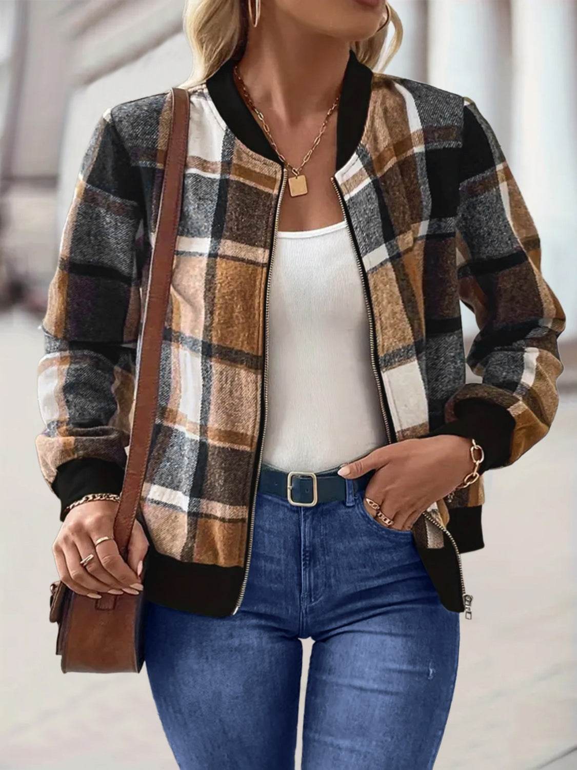 Plus Size Plaid Baseball Collar Zip Up Jacket - Hovatok