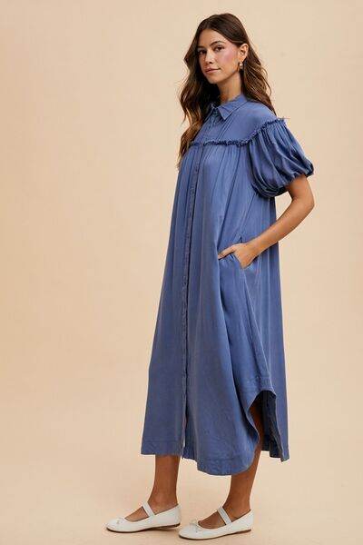 Annie Wear Mineral Washed Button Down Puff Sleeve Shirt Dress - Hovatok