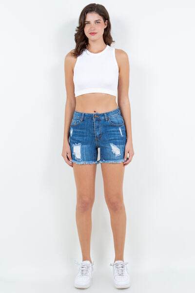 American Bazi High Waist Distressed Frayed Denim Shorts - Hovatok