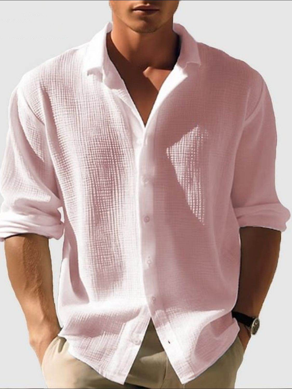 Men's Full Size Collared Neck Button Down Long Sleeve Shirt Plus Size - Hovatok