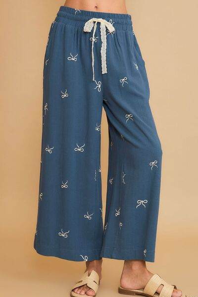 Umgee Full Size Lace Drawstring Embroidered Bow Wide Leg Pants Plus Size - Hovatok