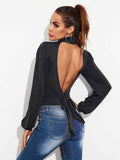 Backless Tie-Waist Turtleneck Lantern Sleeve Bodysuit - Hovatok