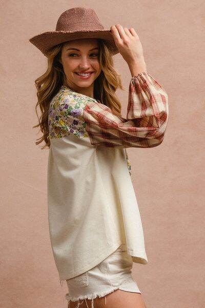 BiBi Floral Notched Plaid Balloon Sleeve Top - Hovatok