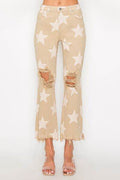RISEN Full Size High Rise Star Printed Frayed Hem Jeans - Hovatok