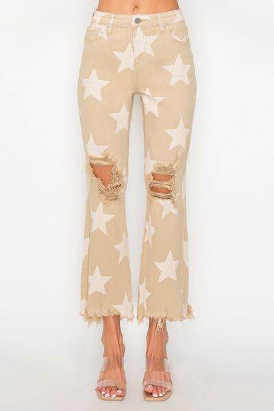 RISEN Full Size High Rise Star Printed Frayed Hem Jeans - Hovatok