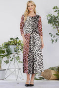 Celeste Full Size Leopard Color Block Front Tie Midi Dress Plus Size - Hovatok
