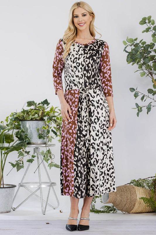 Celeste Full Size Leopard Color Block Front Tie Midi Dress Plus Size - Hovatok
