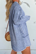 Raw Hem Button Down Long Sleeve Denim Dress - Hovatok