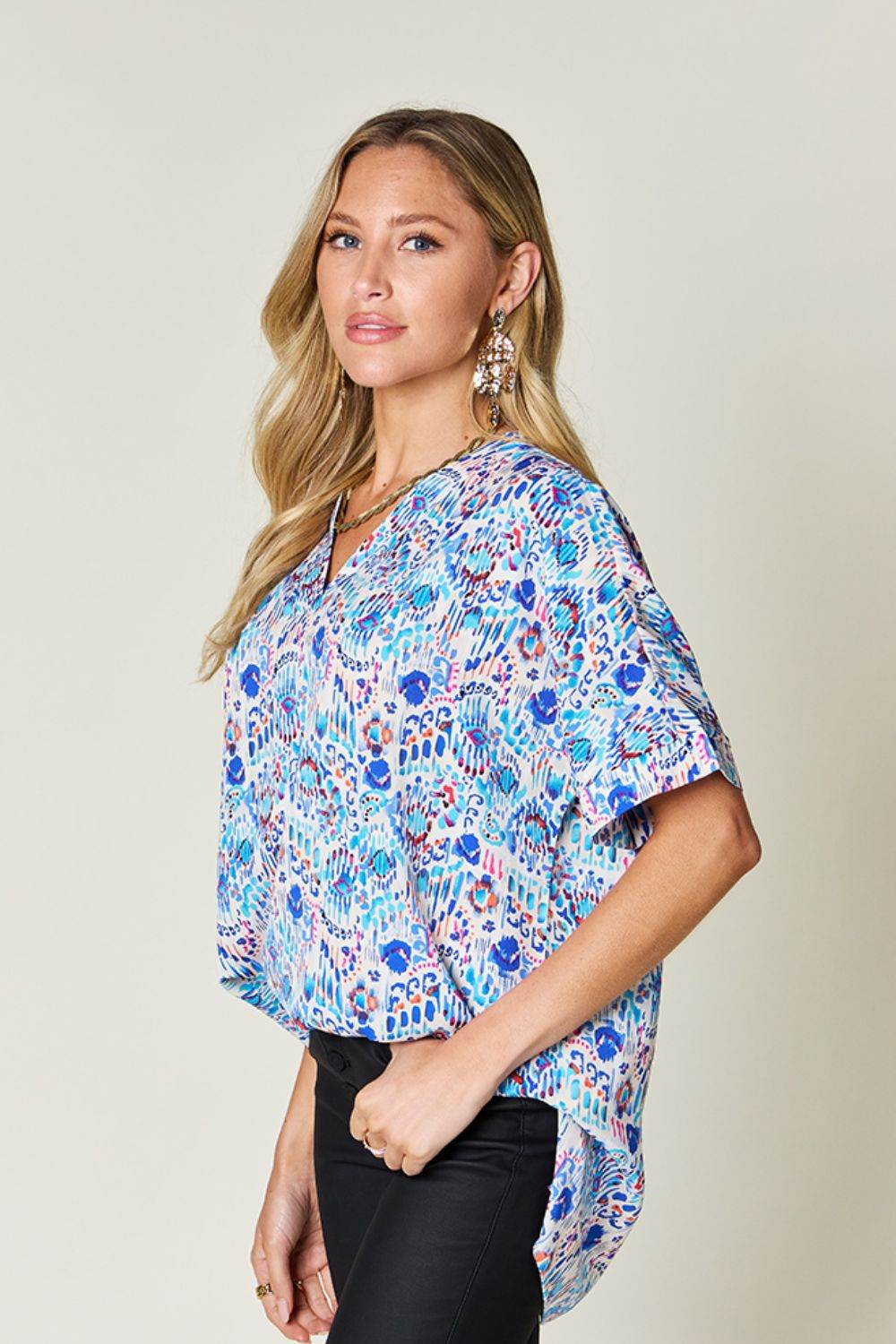 Double Take Full Size Printed V-Neck Short Sleeve Blouse - Hovatok