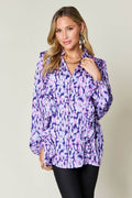 Double Take Full Size Printed Ruffle Trim Balloon Sleeve Shirt - Hovatok