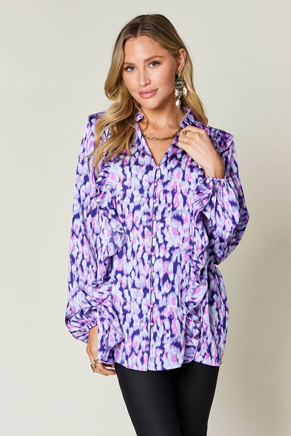Double Take Full Size Printed Ruffle Trim Balloon Sleeve Shirt - Hovatok