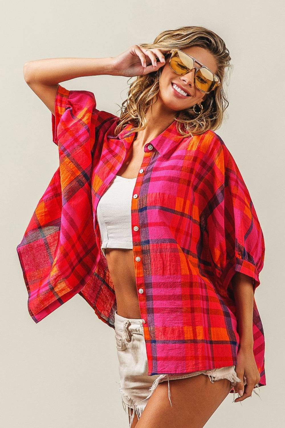 BiBi Button Up Dolman Sleeve Plaid Shirt - Hovatok