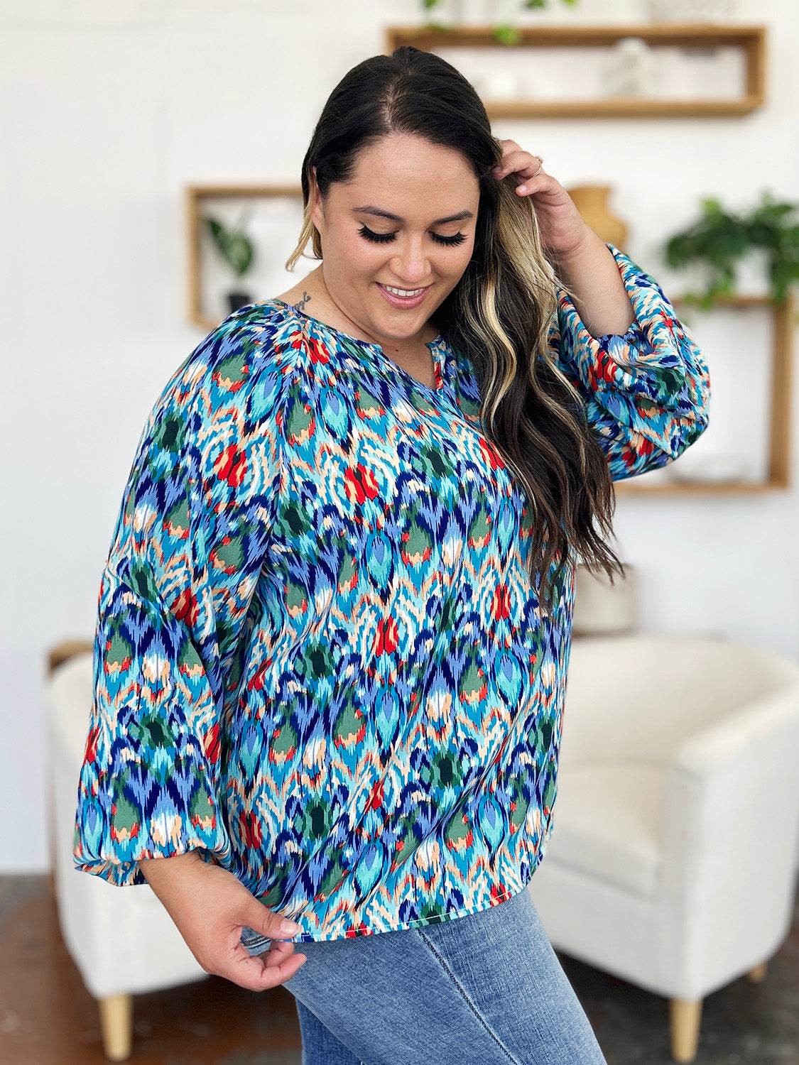 Double Take Full Size Printed Balloon Sleeve Blouse - Hovatok