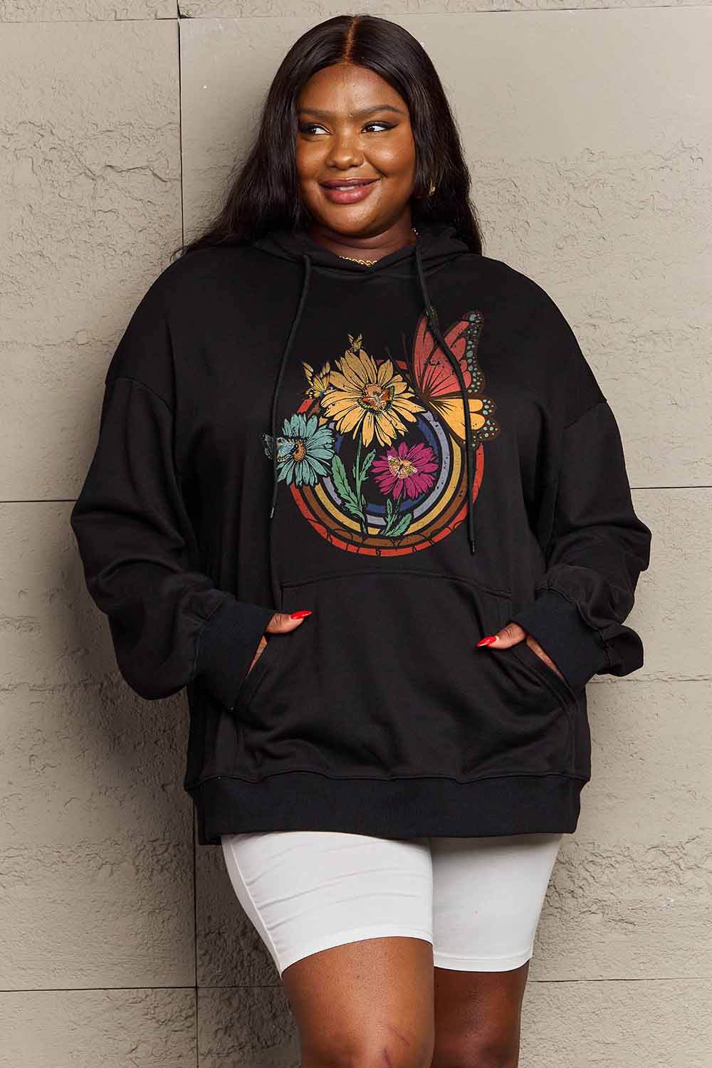 Simply Love Simply Love Full Size Butterfly and Flower Graphic Hoodie - Hovatok