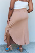 Doublju Comfort Princess Full Size High Waist Scoop Hem Maxi Skirt in Tan - Hovatok