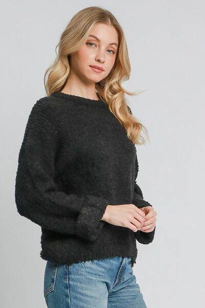 Umgee Full Size Round Neck Long Sleeve Boucle Sweater Plus Size - Hovatok