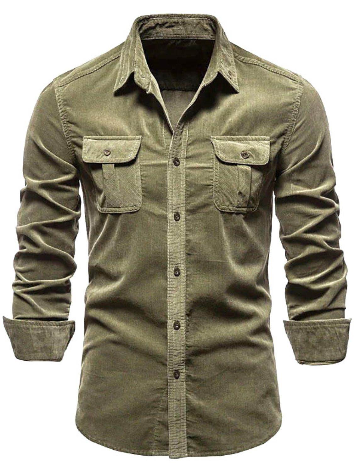Men's Full Size Collared Neck Button Down Shirt with Chest Pockets Plus Size - Hovatok