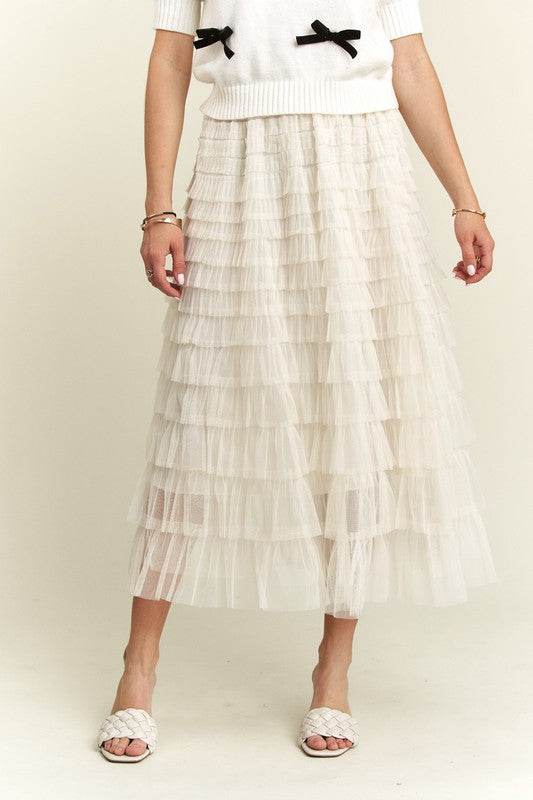ADORA Elastic Waist Layered Mesh Midi Skirt - Hovatok