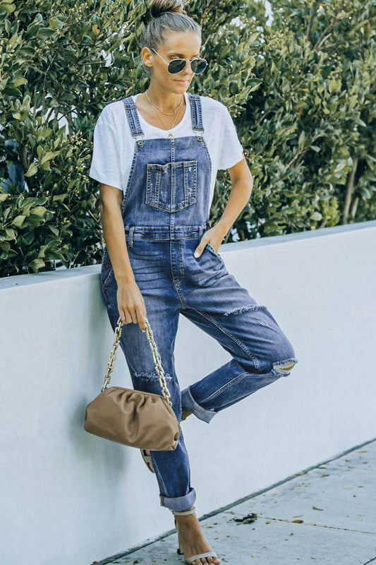Pocketed Distressed Denim Overalls - Hovatok