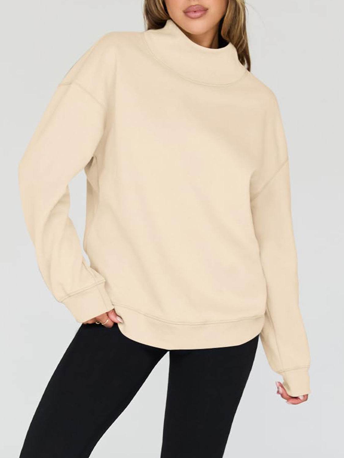 Mock Neck Drop Shoulder Long Sleeve Sweatshirt - Hovatok