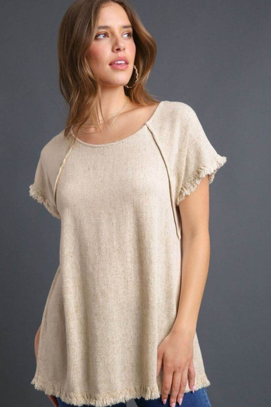 Umgee Full Size Seam Detail Linen Ruffle Fringe Edge Top Plus Size - Hovatok