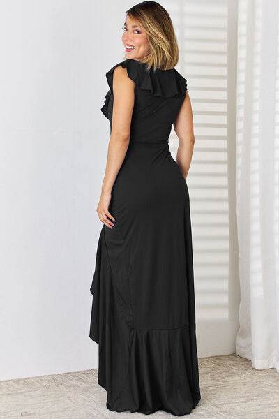 Ruffled V-Neck High-Low Dress - Hovatok