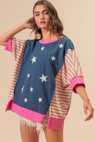 BiBi US Flag Theme Color Block Star Patch T-Shirt - Hovatok