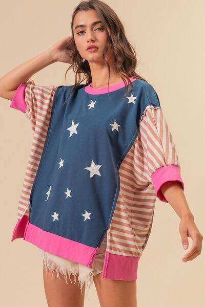 BiBi US Flag Theme Color Block Star Patch T-Shirt - Hovatok