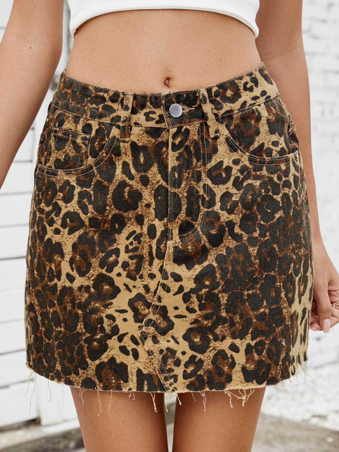 Raw Hem Leopard Denim Skirt - Hovatok