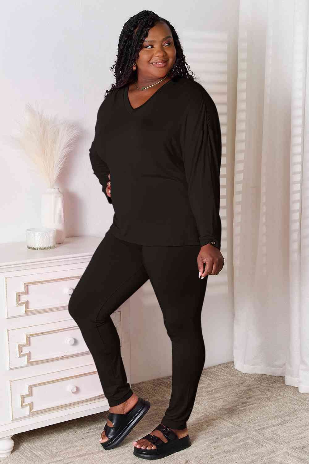 Basic Bae Full Size V-Neck Soft Rayon Long Sleeve Top and Pants Lounge Set - Hovatok