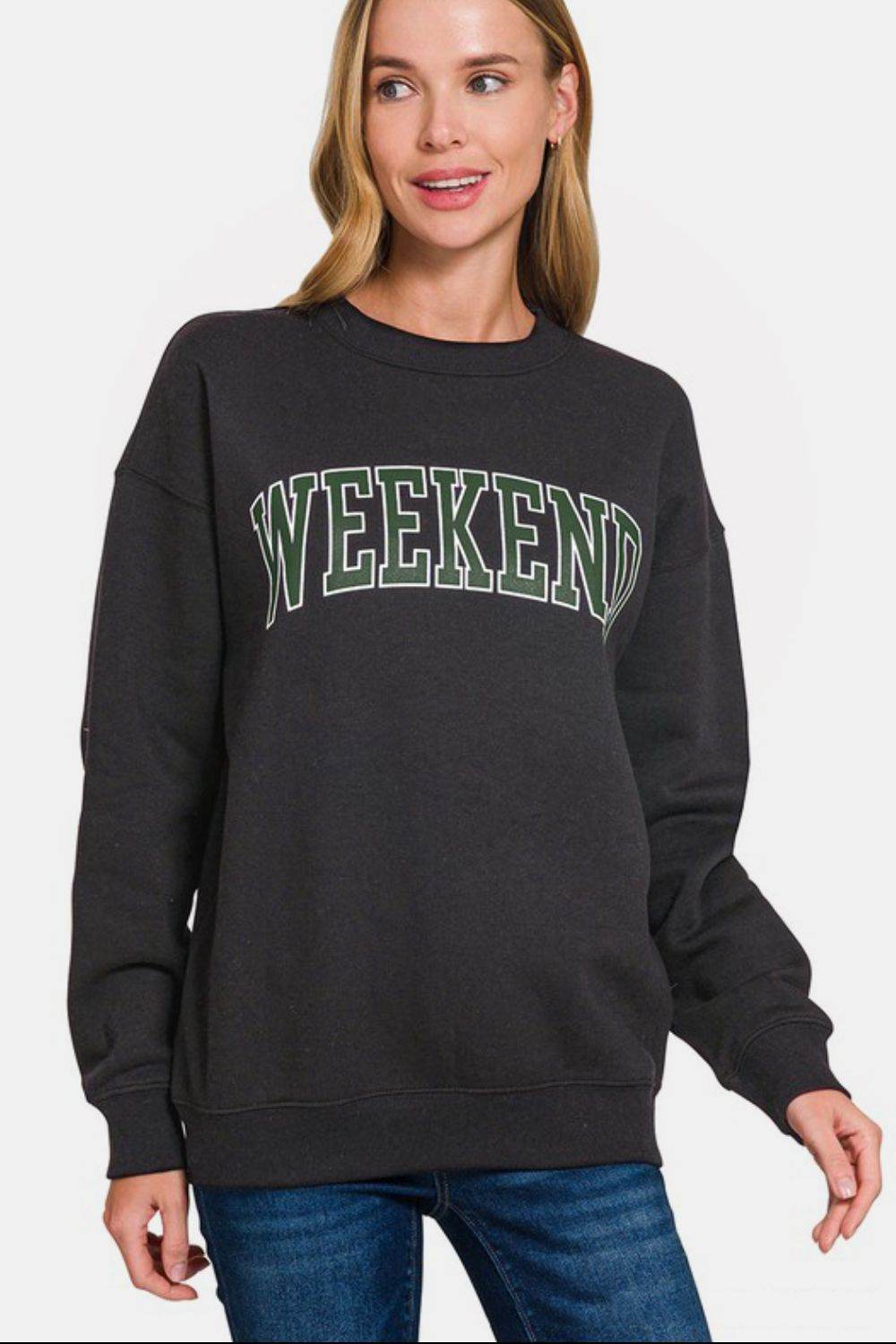 Zenana WEEKEND Round Neck Dropped Shoulder Sweatshirt - Hovatok