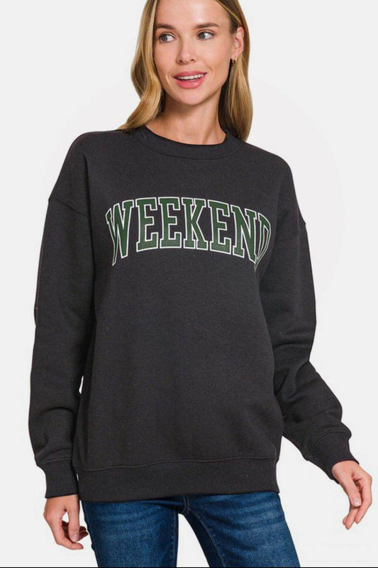 Zenana WEEKEND Round Neck Dropped Shoulder Sweatshirt - Hovatok