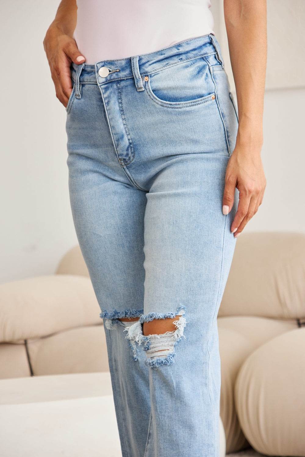 RFM Full Size Tummy Control High Waist Raw Hem Distressed Jeans - Hovatok