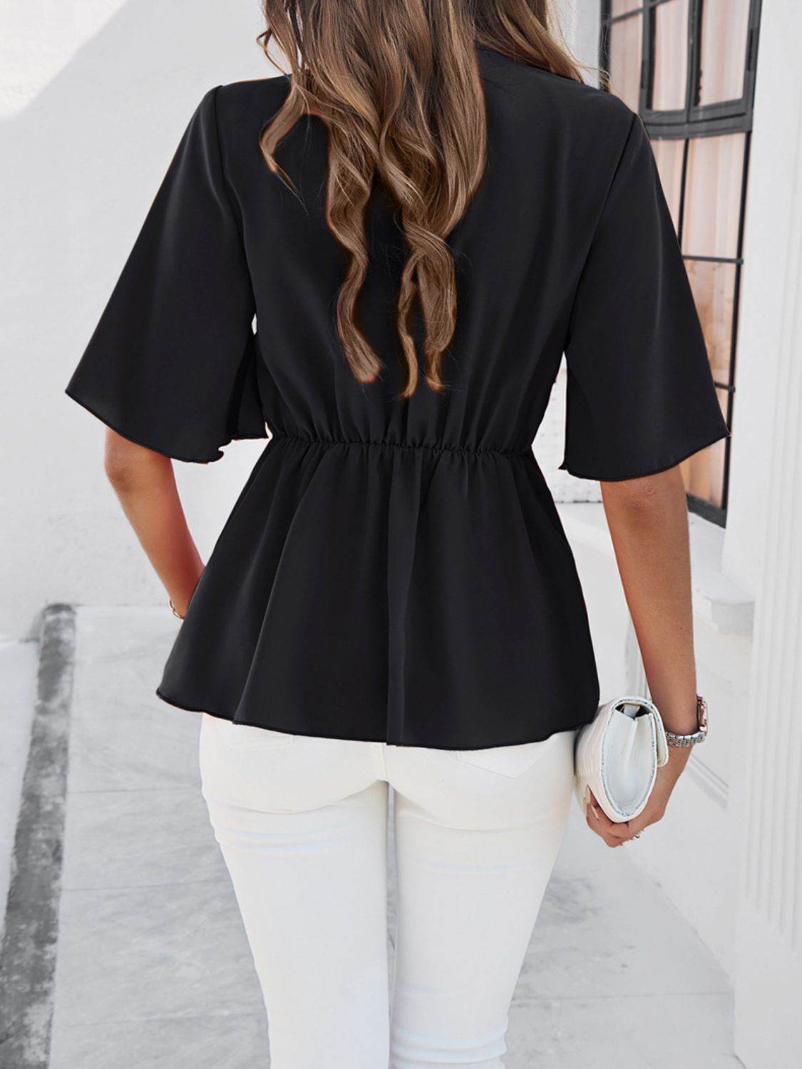 Devine Tied Front Peplum Blouse - Hovatok