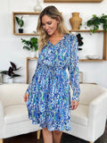 Double Take Full Size Printed Drawstring Waist Long Sleeve Dress - Hovatok