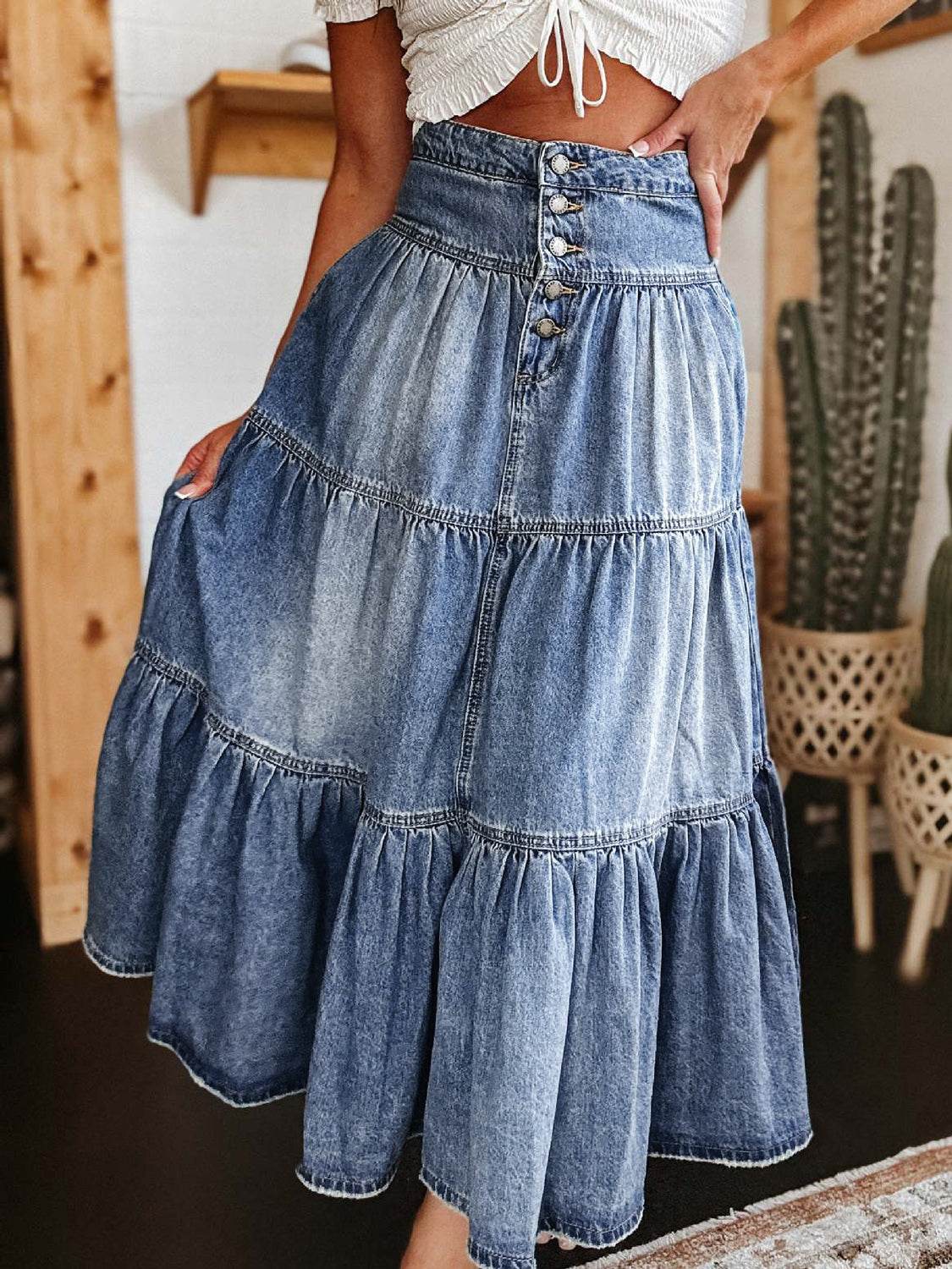 Tiered Button-Fly Denim Skirt - Hovatok