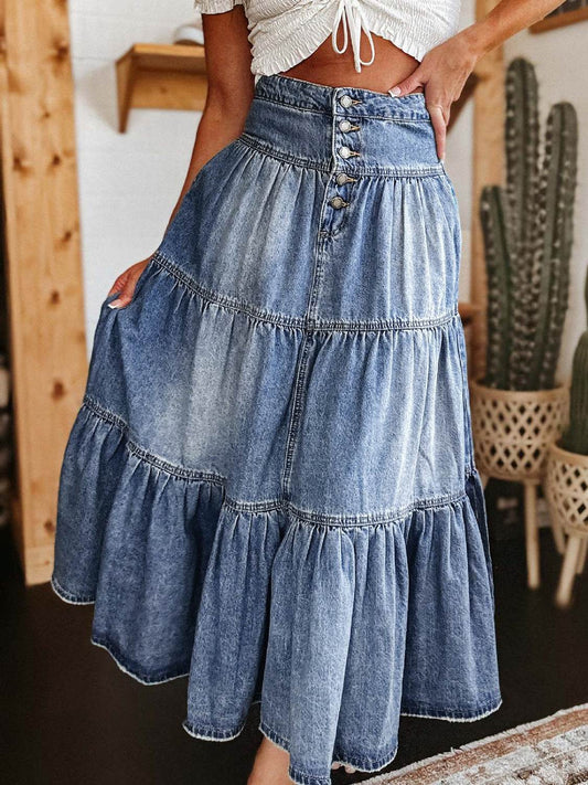 Tiered Button-Fly Denim Skirt - Hovatok