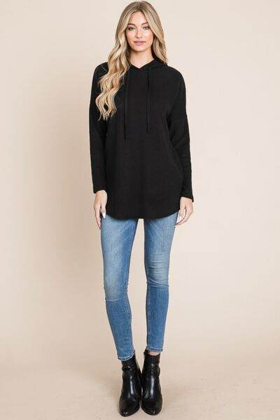 BOMBOM Contrast Drawstring Drop Shoulder Knit Hoodie - Hovatok