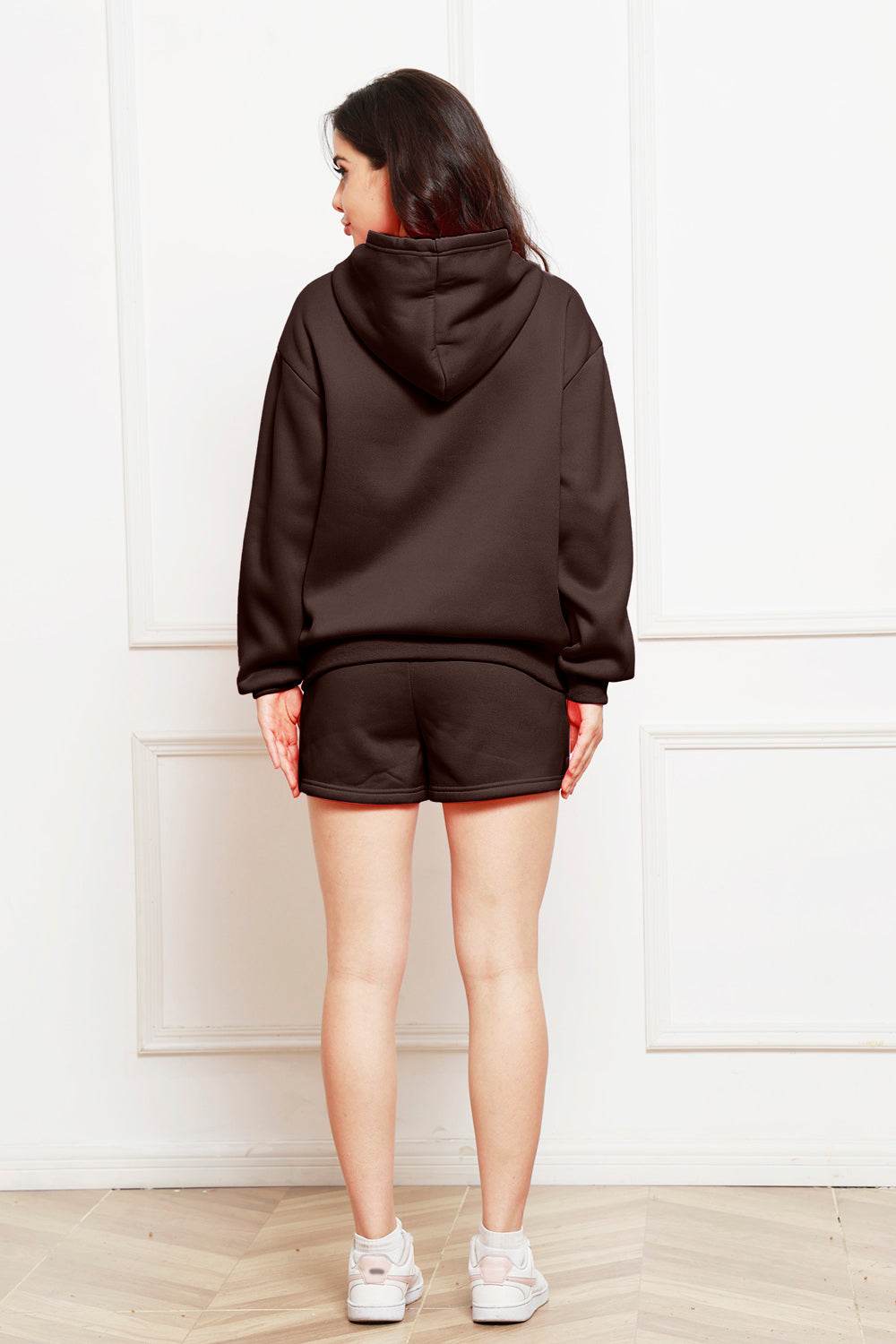Drop Shoulder Long Sleeve Hoodie and Shorts Set - Hovatok