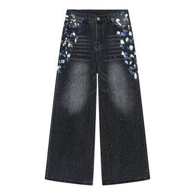 Watercolor Wide Leg Jeans with Pockets - Hovatok