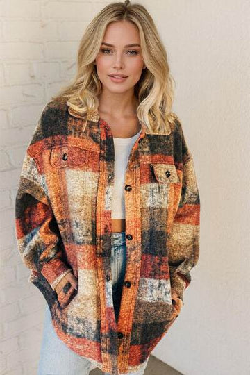 Double Take Button Up Plaid Fleece Shacket with Pockets - Hovatok