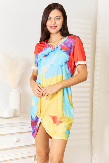 Shiny Tie-Dye V-Neck Twisted Dress - Hovatok