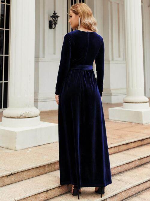Tie Front Round Neck Long Sleeve Maxi Dress - Hovatok