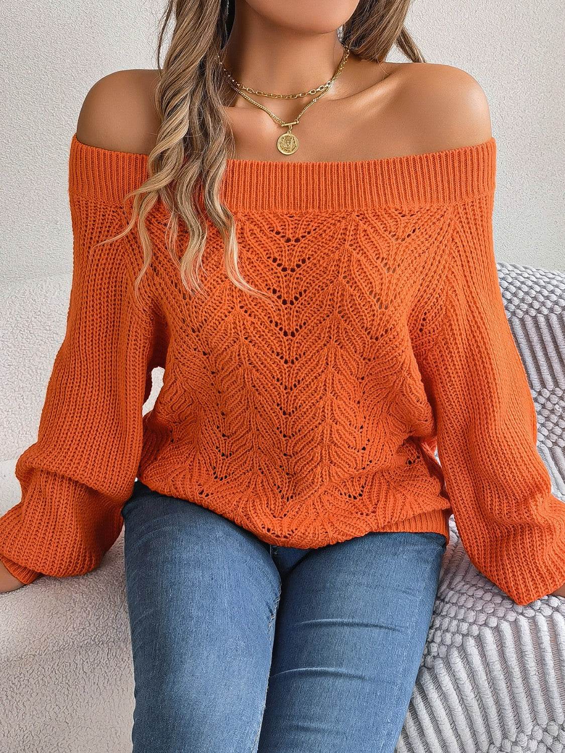 Openwork Off-Shoulder Long Sleeve Sweater - Hovatok