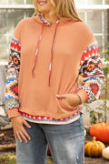 Plus Size Drawstring Geometric Long Sleeve Hoodie - Hovatok