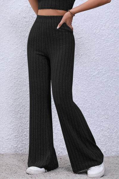 Basic Bae Full Size Ribbed High Waist Flare Pants - Hovatok